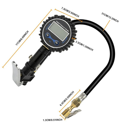 250PSI Digital Tire Pressure Inflator Gauge Aluminum Alloy Tire Pressure Gauge Air Line Clip-on Tyre for Motorcycle Bicycle Auto