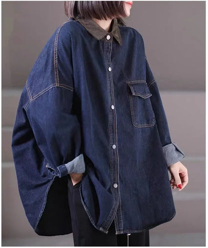 Loose Fit Women's Korean Style Corduroy Denim Shirt Jacket  Collar Splicing Oversize Outerwear Commute Fashion