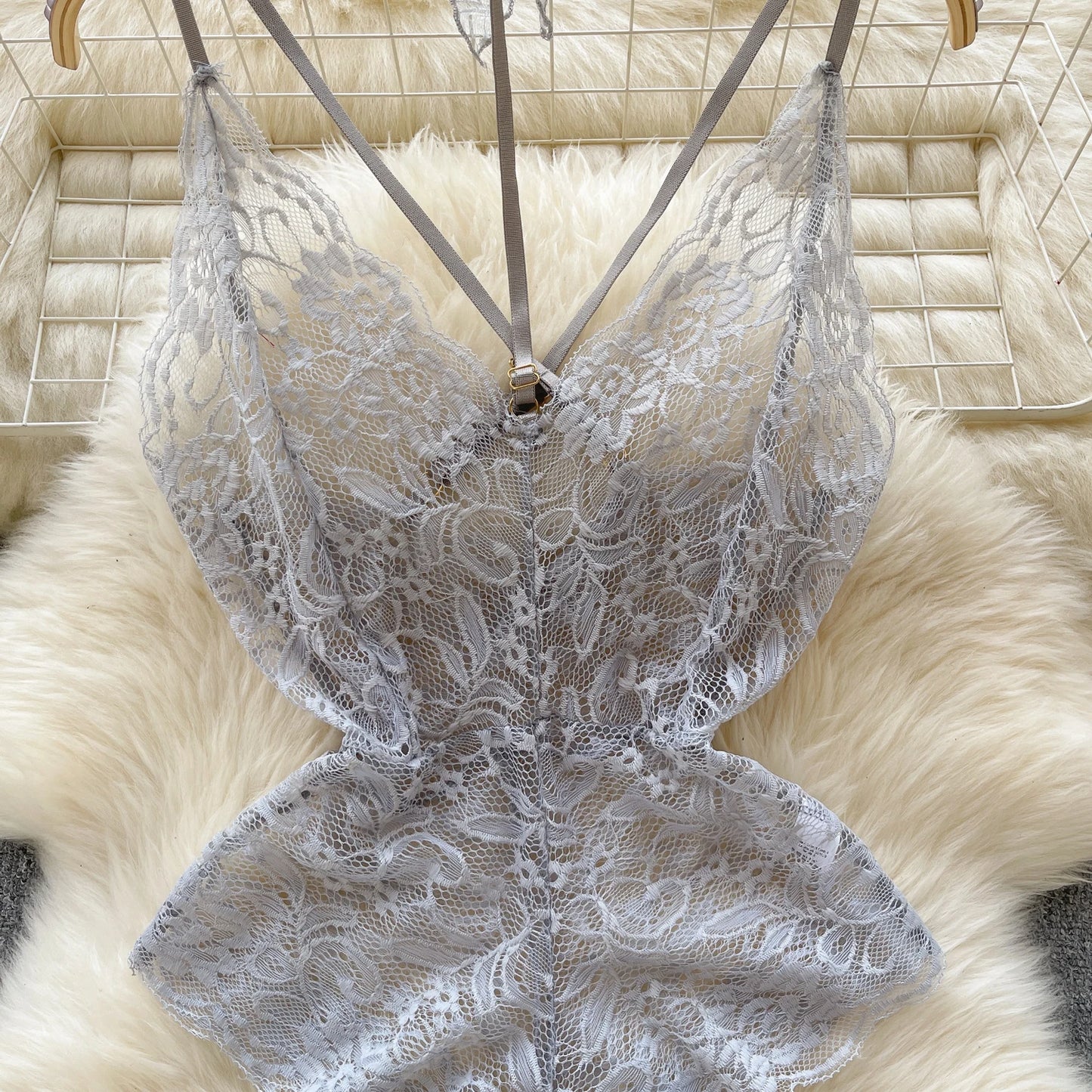 Sexy Lace Strap Jumpsuit Slim Fit Transparent Women's Pajamas Halter Playsuit Erotic Lingerie Catsuit Backless Hollowed Bodysuit