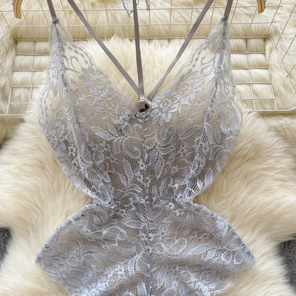 Sexy Lace Strap Jumpsuit Slim Fit Transparent Women's Pajamas Halter Playsuit Erotic Lingerie Catsuit Backless Hollowed Bodysuit