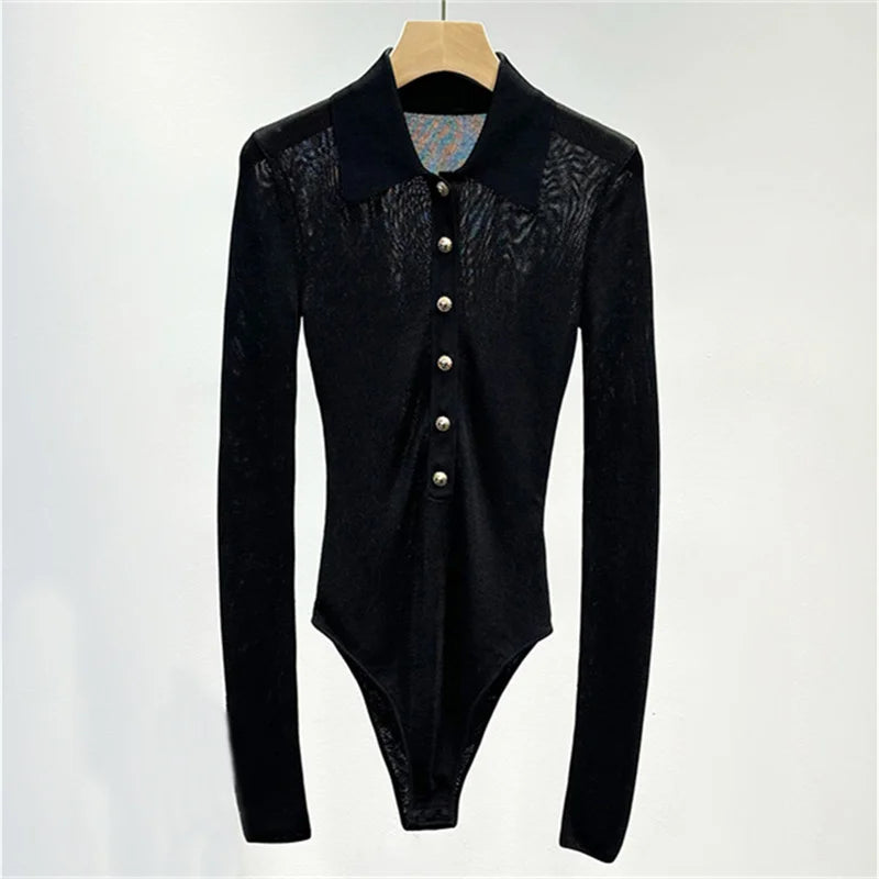 Bodysuit women New elastic slim fit long sleeved top for autumn 2025 Polo collar pullover Metal button decoration T-shirt corset