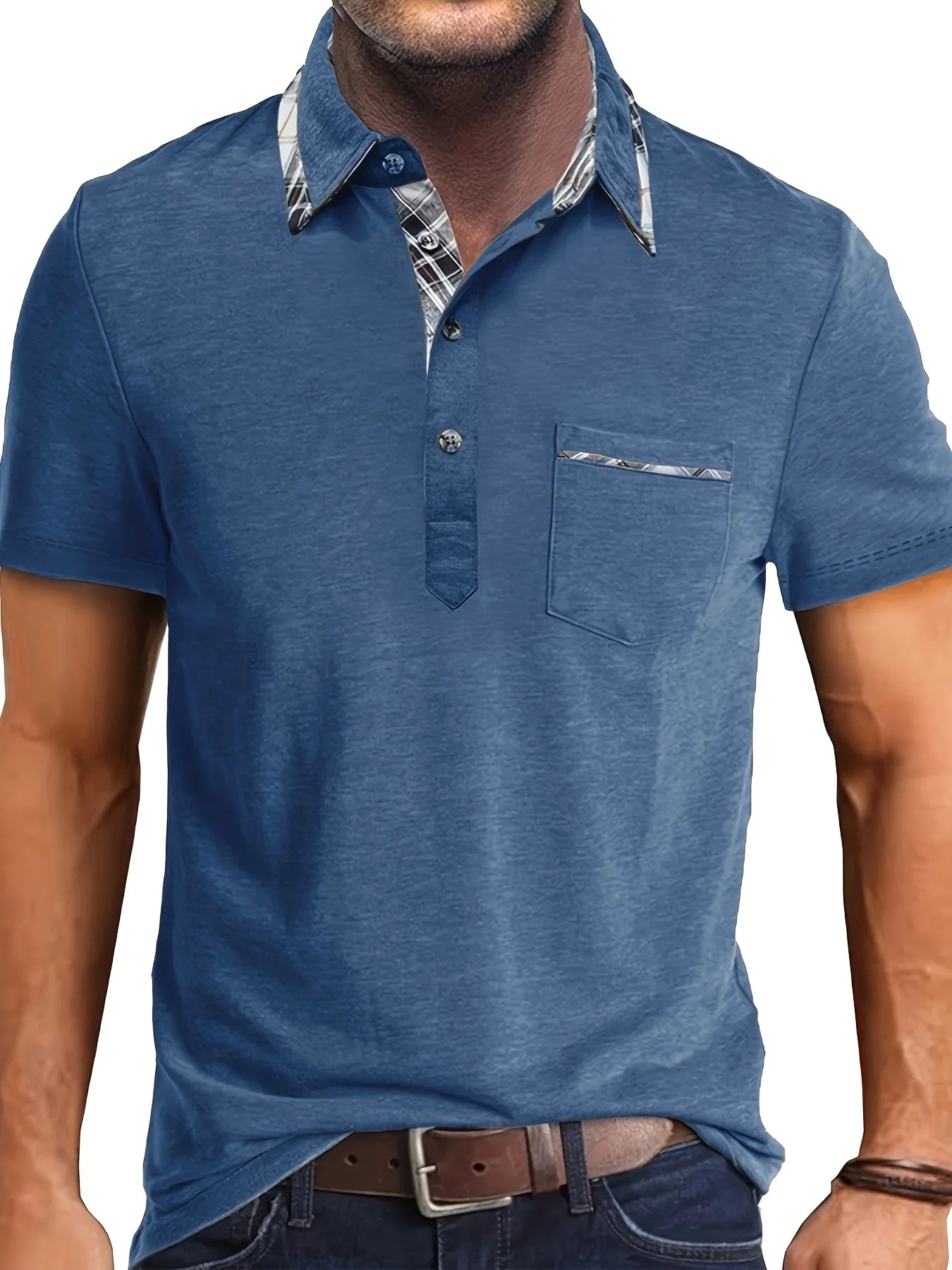 1XL-6XL Summer Plus Size Men's Short-Sleeve Polo Shirt Casual Solid Color Collared Pullover Henley Shirt with Pockets