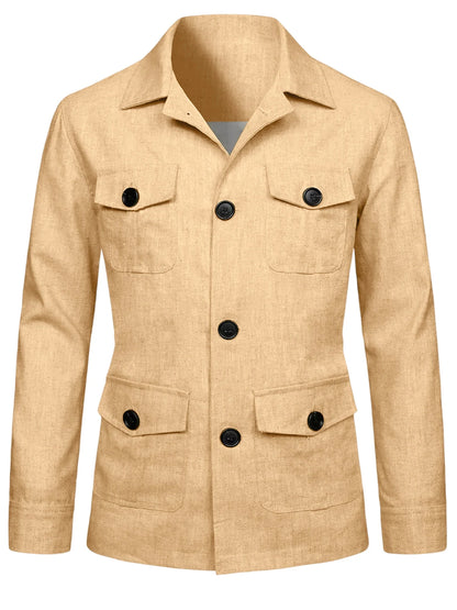 Men's Linen Blend Safari Jacket Retro British Style Multi-Pocket Workwear Coat Business Casual Suit Blazer for Spring Summer