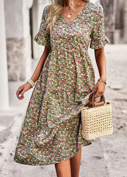 Msfilia Fashion V Neck Elegant Printed Dress Women Summer Short Sleeve High Waist A Line Floral Holiday Dresses