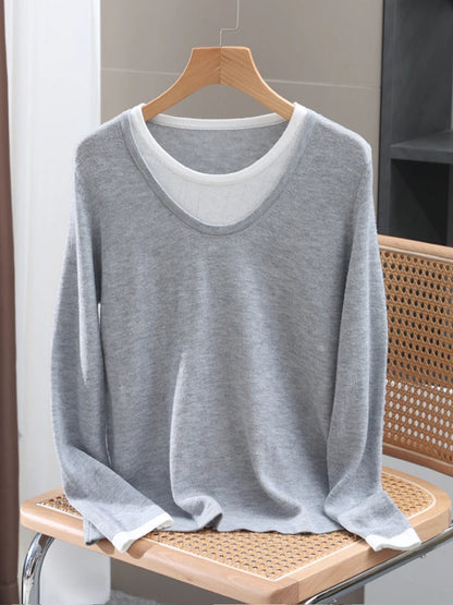 Casual Spring Autumn Women T-Shirts Merino Worsted Wool Female Knitted Pullover Long Sleeve Soft Clothing Tops Thin Outerwears