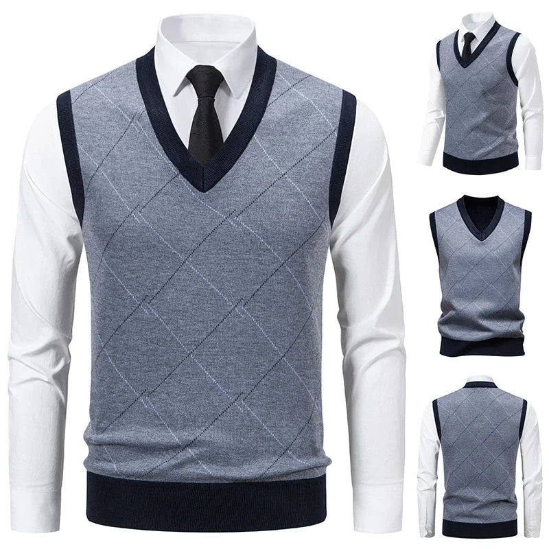 Men's V-neck Knitted Sweater Warm Autumn Winter Diamond Grid Twisted Flower Casual Fashion Versatile Knit Top