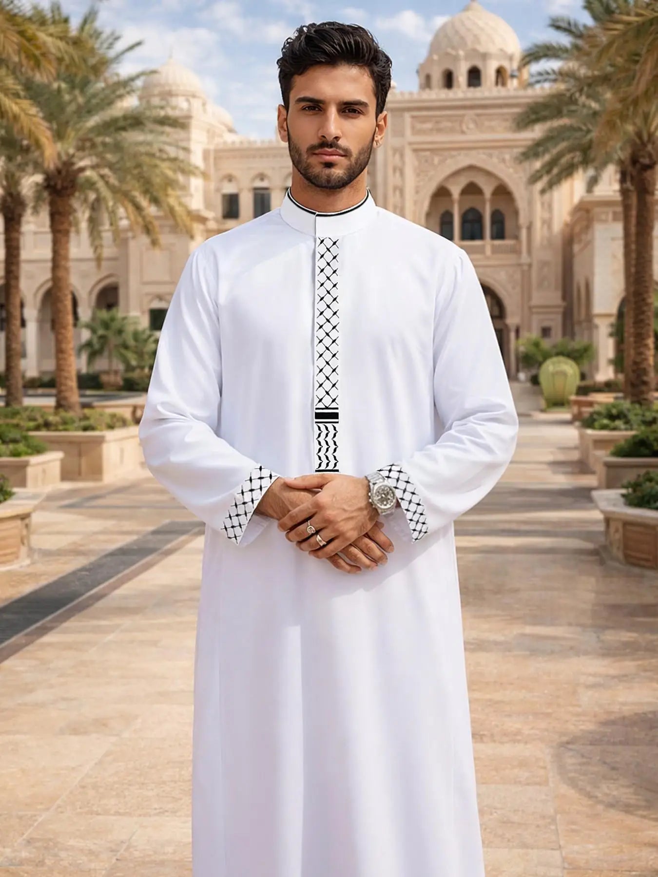 New Men's White Loose-fitting Embroidered Casual Stand-up Collar Style Long Dress Robe Abaya Ramadan Dubai Luxury Islam Elegant