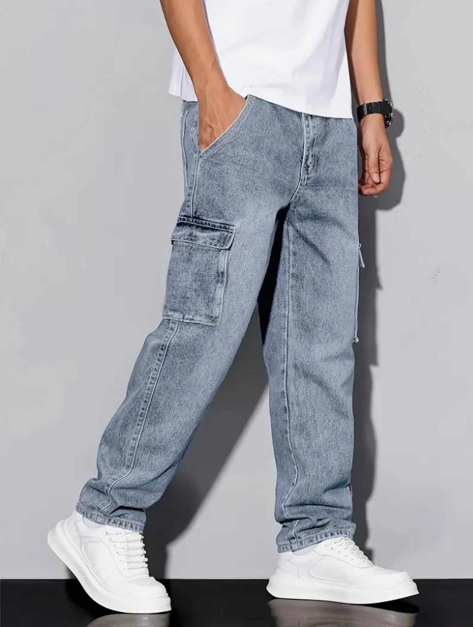 Men's American Retro Casual Cargo Jeans, Loose Fit, Solid Color, Fashion Essential