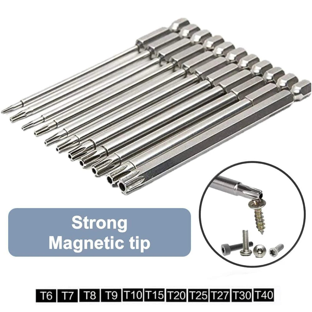 11PCS Torx Head Screwdriver Bit Set Magnetic 1/4" Hex Shank S2 Steel 3 Inch Long Drill Bits Security Torx Bits T6-T40 50/100mm