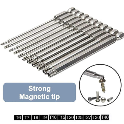 11PCS Torx Head Screwdriver Bit Set Magnetic 1/4" Hex Shank S2 Steel 3 Inch Long Drill Bits Security Torx Bits T6-T40 50/100mm