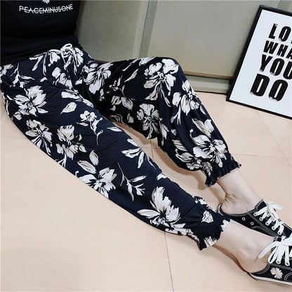 Summer Casual Loose Wide Leg Pants Women's Tie Dye Ink Ice Silk Loose Leopard Print Ethnic Style Long Pants Casual Trousers
