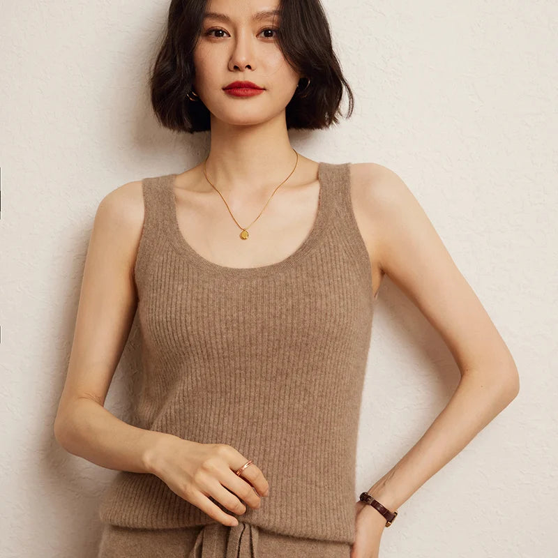 New Women Sexy 100% Cashmere High Elasticity Vest Crop Fashion Tops O-Neck Tank Soft Warm Ladies Knit Camisole Basic Bottom Vest