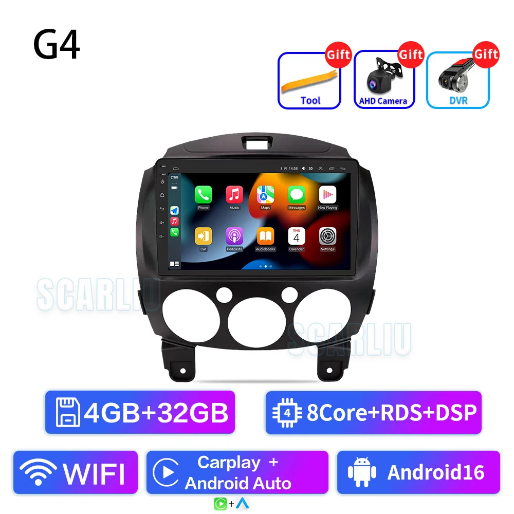 SCARLIU for Mazda 2 2007-2014 Multimedia Video Player 4G WIFI GPS Navigation Carplay DVD Head Unit 2 Din Android 16 Car Radio