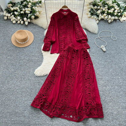 Elegant Lace Hollow out Long Sleeve Shirt And High Waist Half Skirt Two Piece Set for Women Fashionable And Stylish Ensemble