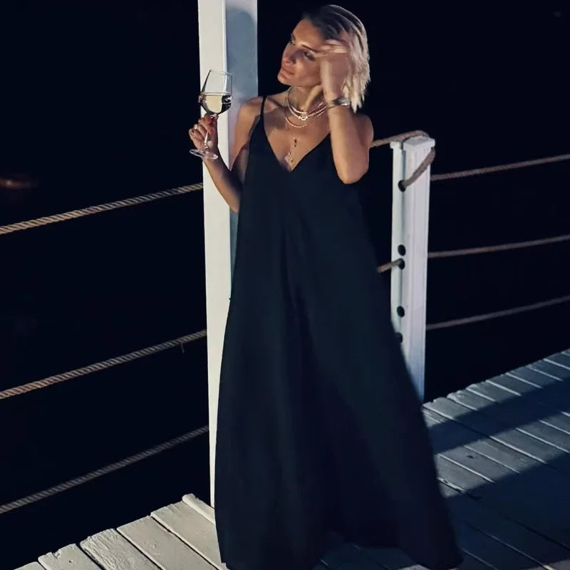 HXAO 2025 Women's Slip Dress Summer Green Red Black Dress Casual V-Neck Backless Long Dresses Sleeveless Vestidos Resort Dresses
