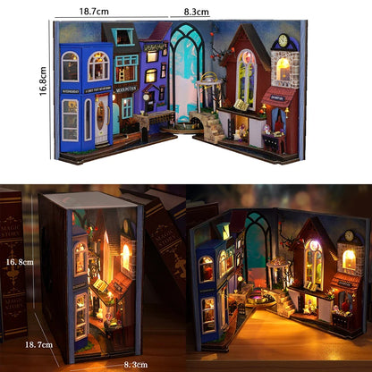 DIY Wooden Bookshelf Dollhouses Book Nook Shelf Insert Miniature Model Kits With Light Bookshelf Bookend Wooden Puzzle Toys Gift