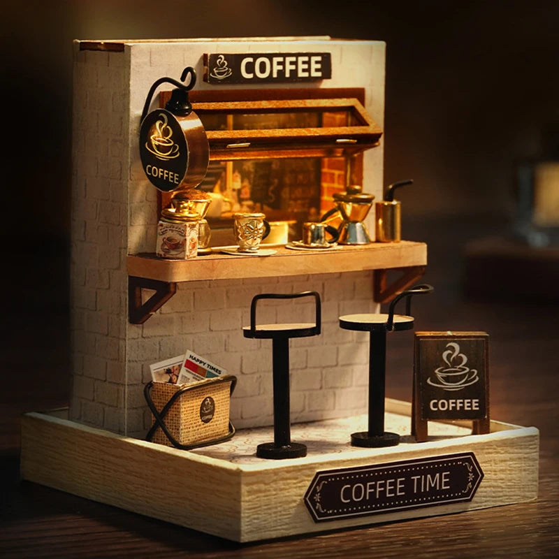 Coffee Shop Mini Doll House DIY Small House Kit 3D Puzzle Assembly Building Model Toys Home Bedroom Decoration With Furniture