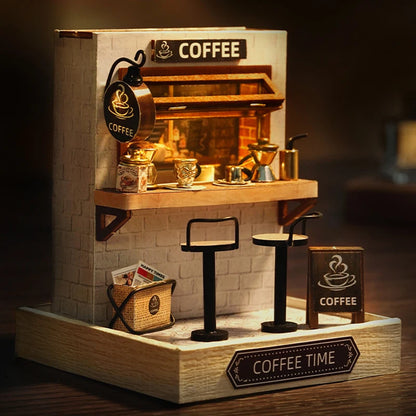 Coffee Shop Mini Doll House DIY Small House Kit 3D Puzzle Assembly Building Model Toys Home Bedroom Decoration With Furniture