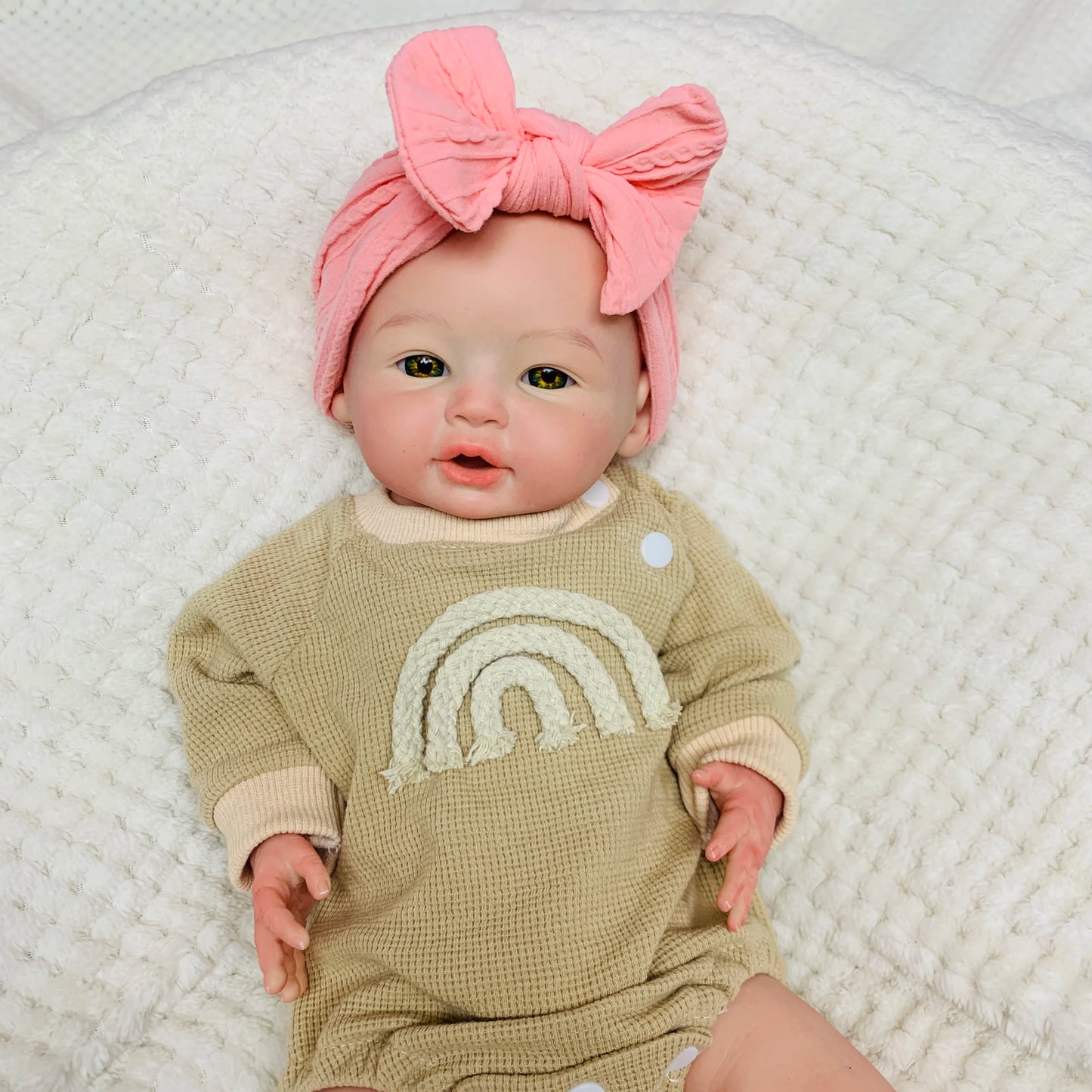 18 Inch Full Soft Silicone Reborn Girl Doll, Open Mouth Newborn with Pink Bow Headband, Real Touch Handmade Collectible Gift Toy
