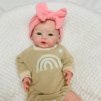 18 Inch Full Soft Silicone Reborn Girl Doll, Open Mouth Newborn with Pink Bow Headband, Real Touch Handmade Collectible Gift Toy
