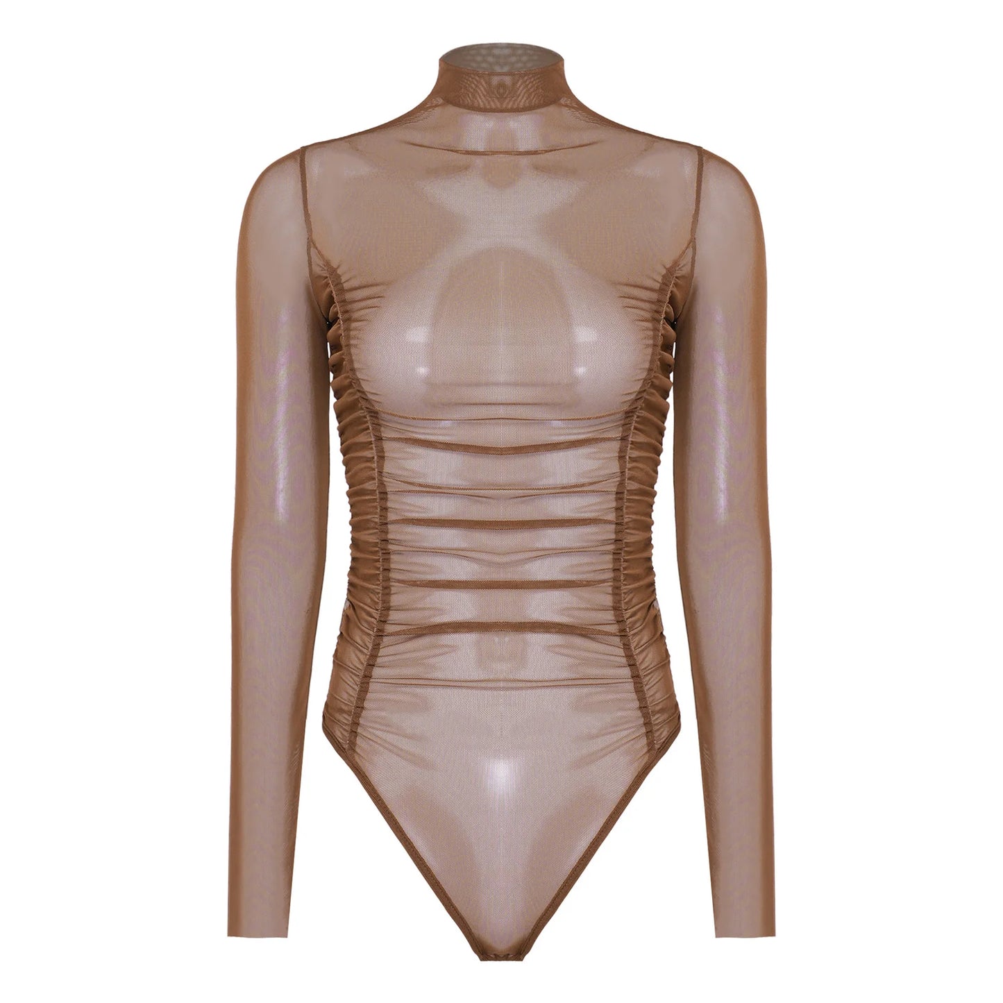 Womens Nightclub Beach Bodysuit Sheer Mesh Side Ruched High Collar Long Sleeve Button Crotch Leotard See Through Cover Up Outfit