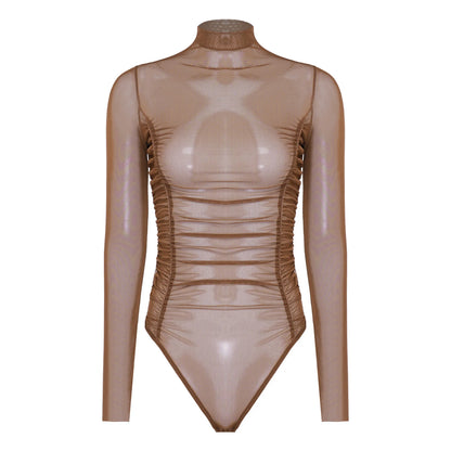 Womens Nightclub Beach Bodysuit Sheer Mesh Side Ruched High Collar Long Sleeve Button Crotch Leotard See Through Cover Up Outfit