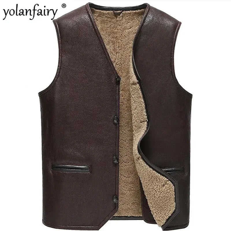 Genuine Leather Jacket Men Winter Real Fur Vest Real Lamb Fur Coat Men Thick Warm Jacket Lamb Wool Vest куртка мужская зимняя FC
