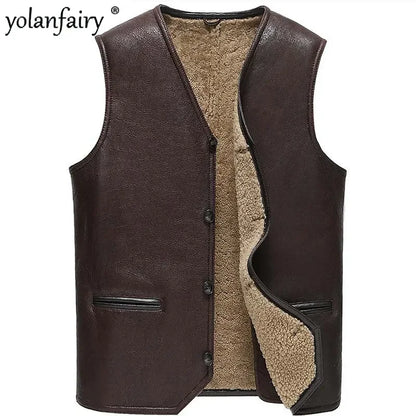 Genuine Leather Jacket Men Winter Real Fur Vest Real Lamb Fur Coat Men Thick Warm Jacket Lamb Wool Vest куртка мужская зимняя FC