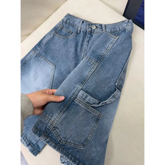 Men's High Street Loose Wide Leg Cargo Denim Shorts Vintage Washed American Style Casual Summer Pants Multiple Pockets