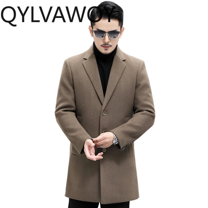 QYLVAWOY 67% Wool Men's Autumn Winter New Slim-Fit Mid-Length Double-Sided Woolen Coat Wool Trench Coat Outerwear LJ2146