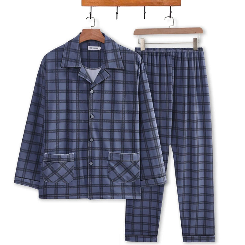 Men's Pajamas Spring Fall and Winter Plaid Printed Long-Sleeved Casual Home Wear Sleepwear 2 Piece Set Big Size Soft Loungewear