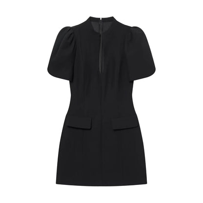 ZARK Fashionable round Neck Bubble Sleeve Short Dress Polyester High Waist Skirt for Women City Commuting Casual Wear Zipper ...