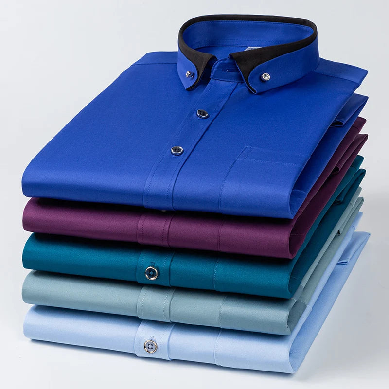 Fashion Color Contrast Men's Elastic Non-iron Long-sleeved Business Shirts Diamond Button Single Pocket Comfort Workwear Clothes