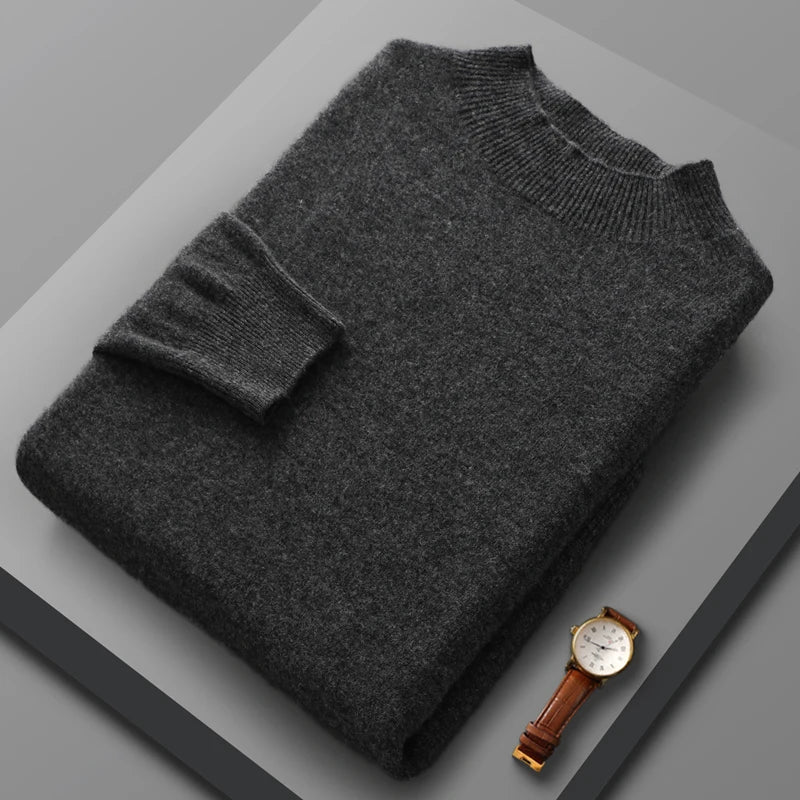 100% Merino Wool Sweater Men's Half high collar Knitted Hoodie Spring Autumn New Cashmere Sweater Versatile  Menswear
