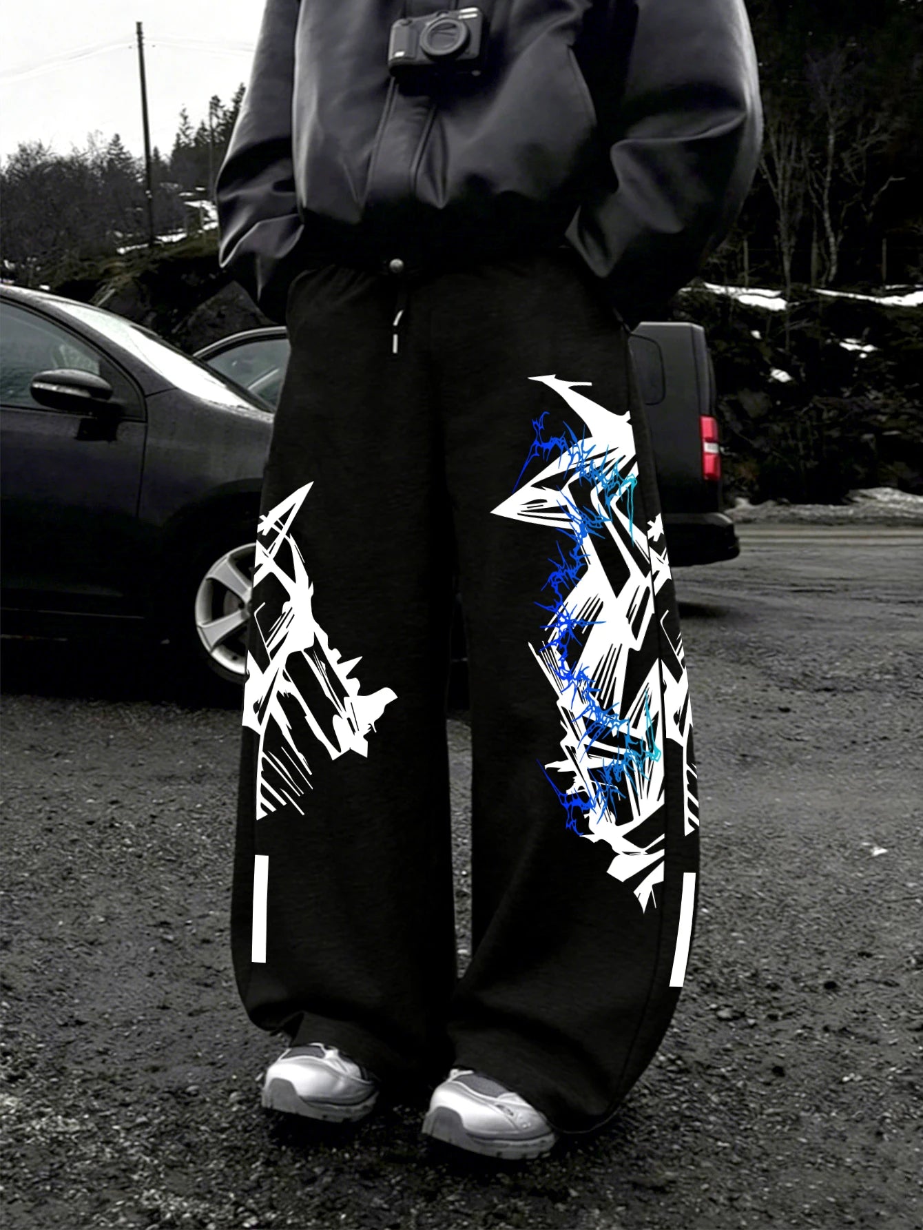 Y2K Abstract Blue Graffiti Geometric Print Mens Baggy Wide Leg Sweat Pants Loose Straight Drawstring Hip Hop Street Joggers