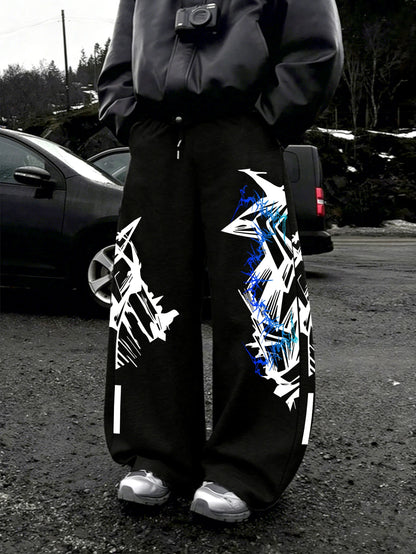 Y2K Abstract Blue Graffiti Geometric Print Mens Baggy Wide Leg Sweat Pants Loose Straight Drawstring Hip Hop Street Joggers