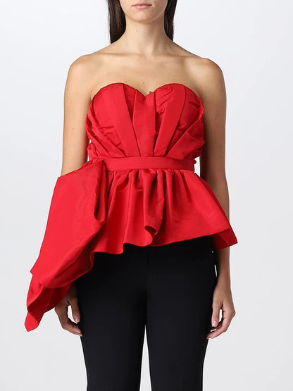 VGH Sexy Red Color Spliced Folds Tank Top for Women Sweatheart Neck Sleeveless Patchowrk Zipper Irregular Hem Vest Female Summer