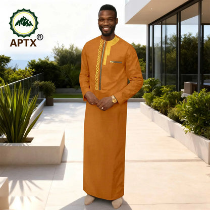 APTX Men's Traditional Muslim Robe 3-Pcs Set Long Sleeves African Dress Middle East Jubba Thobe Wedding Suit