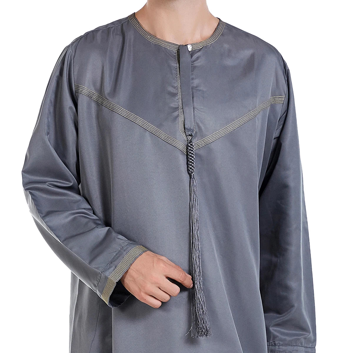 TH816 Men's Muslim Middle Eastern Men Long Sleeves Patchwork Round Collar Button Robe Ramadan Eid Jubba Thobe
