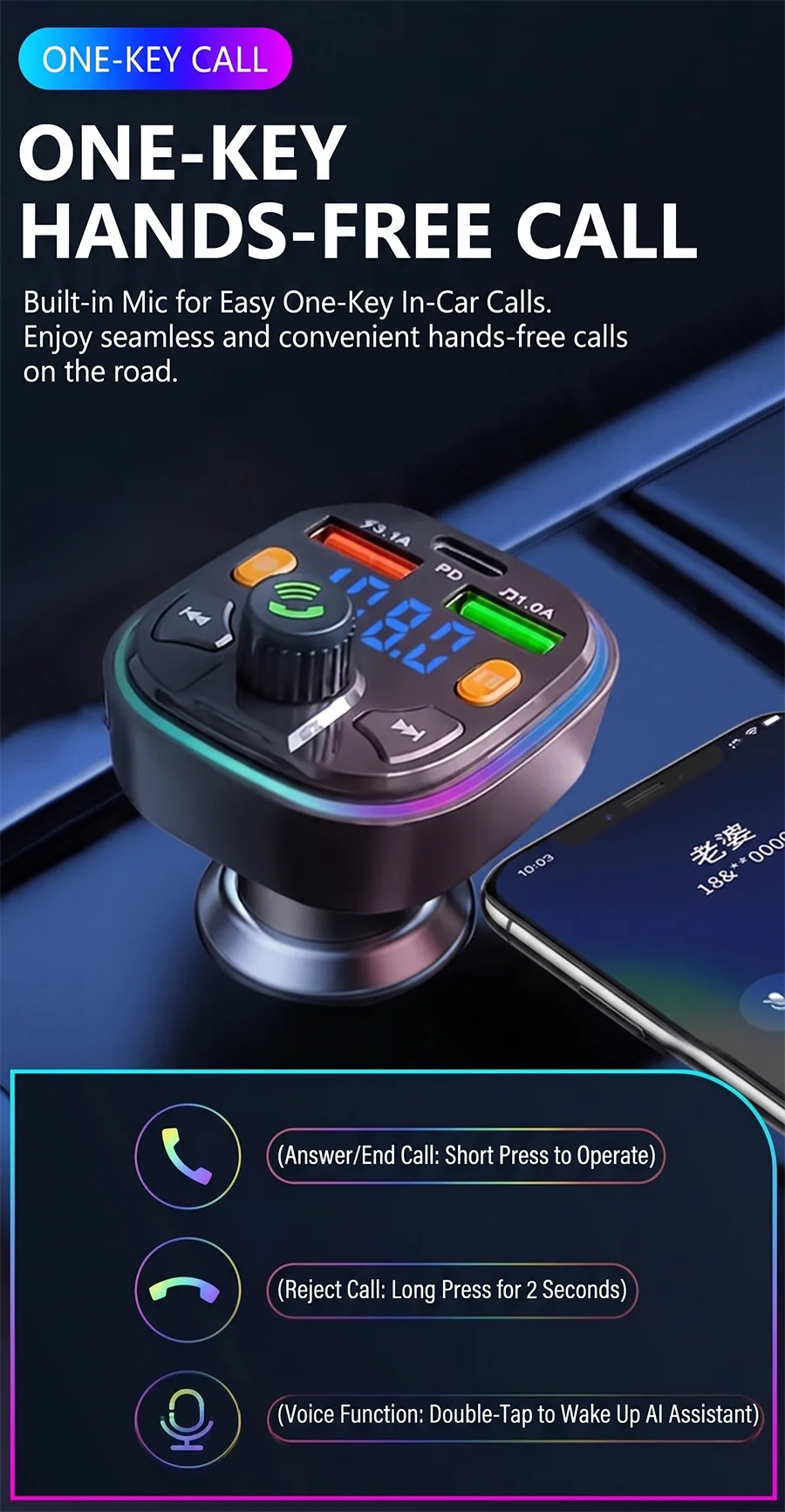 Car Bluetooth 5.0 FM Transmitter Audio Adapter RGB Colorful Light Triple Port PD Fast Charger And USB & One-Key Deep Bass Boost