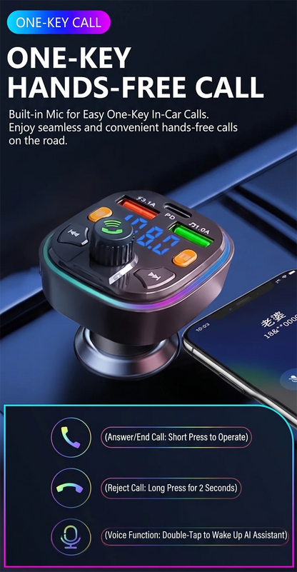 Car Bluetooth 5.0 FM Transmitter Audio Adapter RGB Colorful Light Triple Port PD Fast Charger And USB & One-Key Deep Bass Boost
