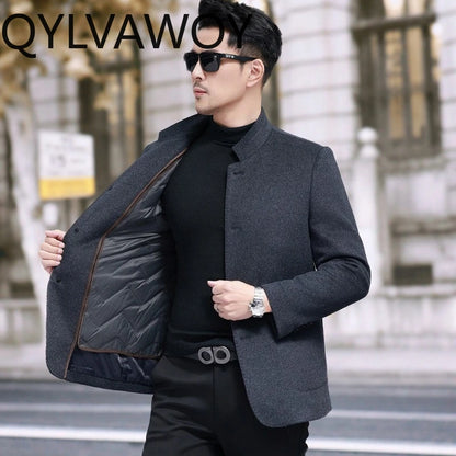 QYLVAWOY Men's Wool and Trench Coats Man Jacket Cashmere Stand Collar Jackets Goose Down Liner Thicken Clothes for Man High-end