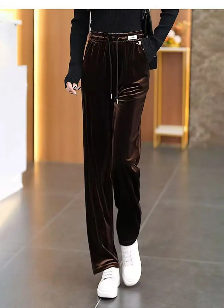 Fashionable Gold Velvet Wide Leg Pants Women's Winter Loose Slimming High Waist Fleece Casual Straight Long Trousers