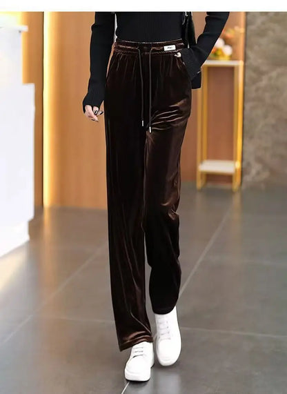 Fashionable Gold Velvet Wide Leg Pants Women's Winter Loose Slimming High Waist Fleece Casual Straight Long Trousers