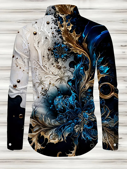 LVLAEA Men's Printed Pattern Shirt, Long Sleeve Lapel Button Up Cotton Shirt for Autumn, Luxury Style Trendy Fashion Tated Shirt