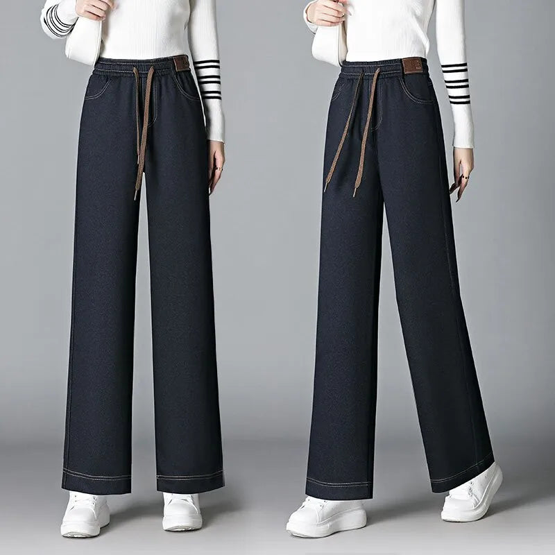 High Waist Fleece Lined Thick Wide Leg Jeans Women's Casual Straight Leg Pants Autumn Winter Loose Fit Comfortable Trousers