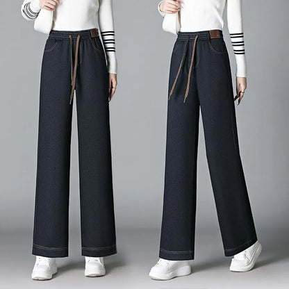 High Waist Fleece Lined Thick Wide Leg Jeans Women's Casual Straight Leg Pants Autumn Winter Loose Fit Comfortable Trousers