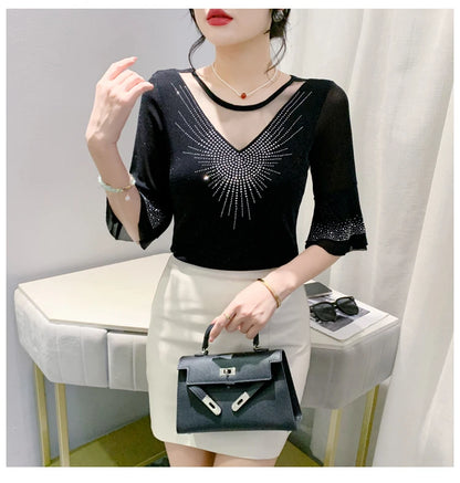 Sexy Hollow out Mesh Seven Quarter Sleeve Fashion Trend Summer T-Shirt Women Slimming Versatile Top Half Sleeve Small Shirt