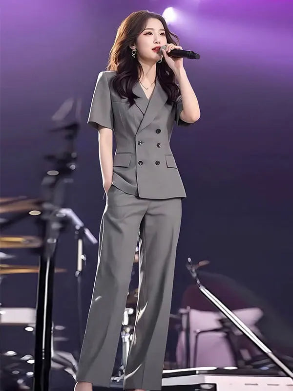 Elegant Short Sleeve Suit Set Women's Summer New Style Powerful Businesslike Top And Pants Two Pieces Set High Waist Pants