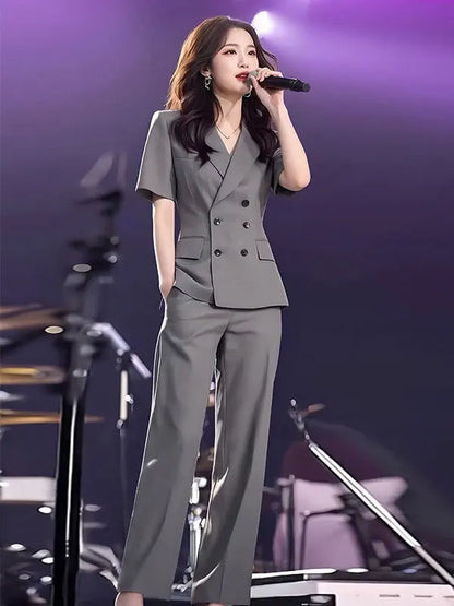 Elegant Short Sleeve Suit Set Women's Summer New Style Powerful Businesslike Top And Pants Two Pieces Set High Waist Pants